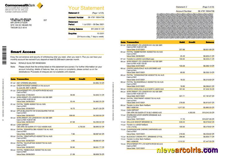 Australia Commonwealth bank statement in Word and PDF format, 23 pages